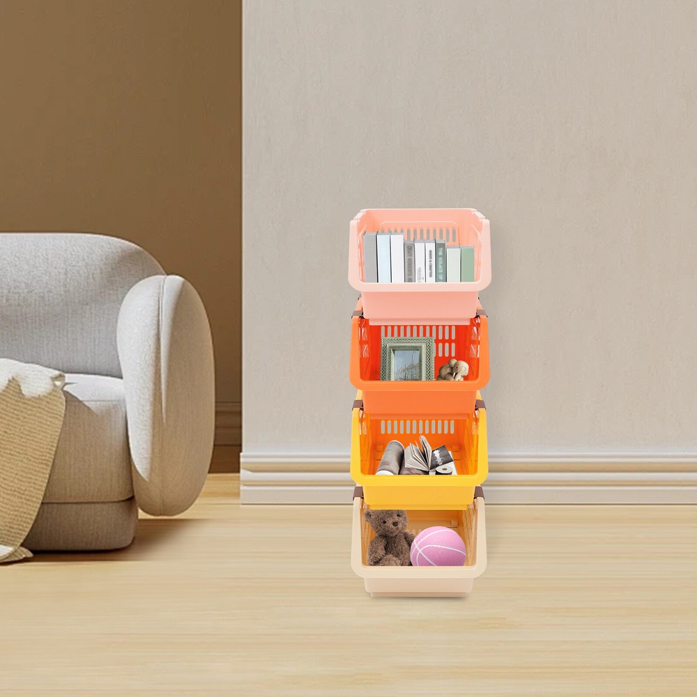 4PCS Movable Storage Baskets PP Stackable Organizers For Book,Toys Macaron color