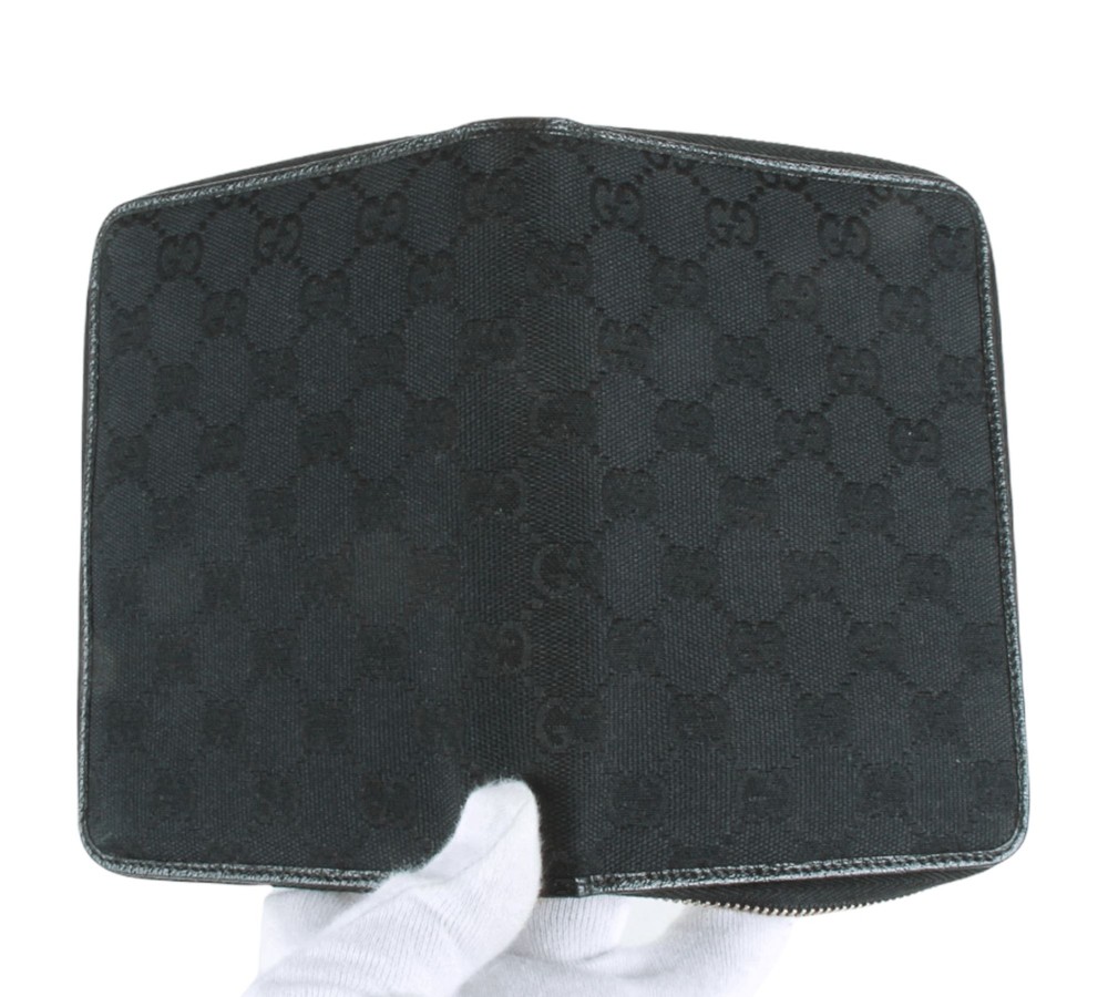 Authentic Gucci Black GG monogram canvas zip around agenda notebook