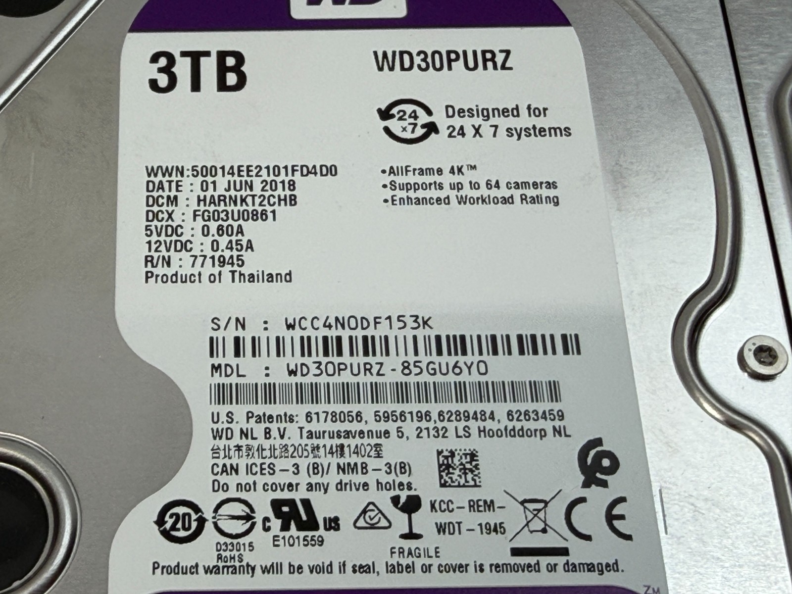 Western Digital WD30PURX 3TB WD Purple Surveillance WD30PURX-64P6ZY0 & 85GU6Y0