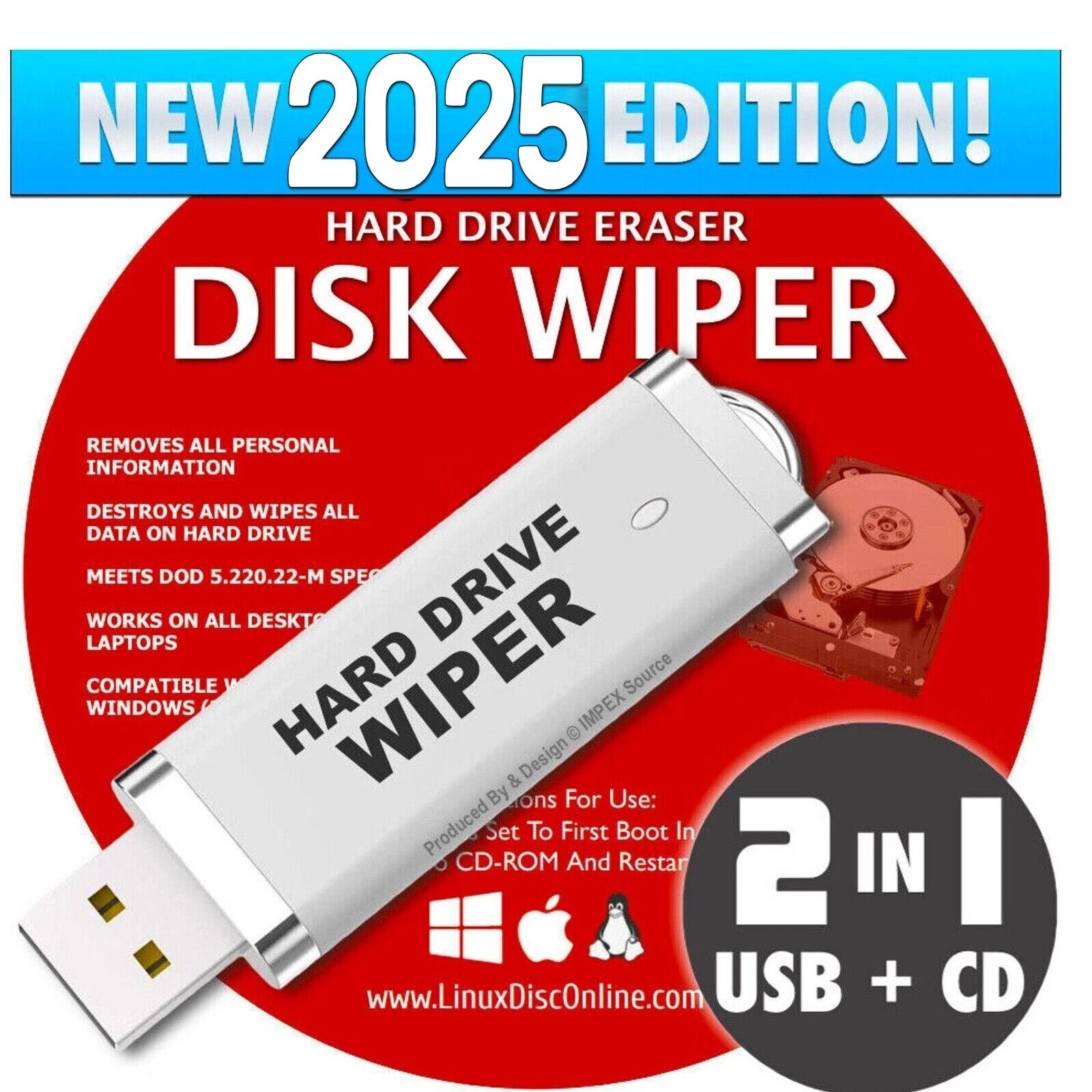 Hard Drive Wiper USB & CD Disk Eraser Delete UNRECOVERABLE Windows 10, 8, 7 & XP