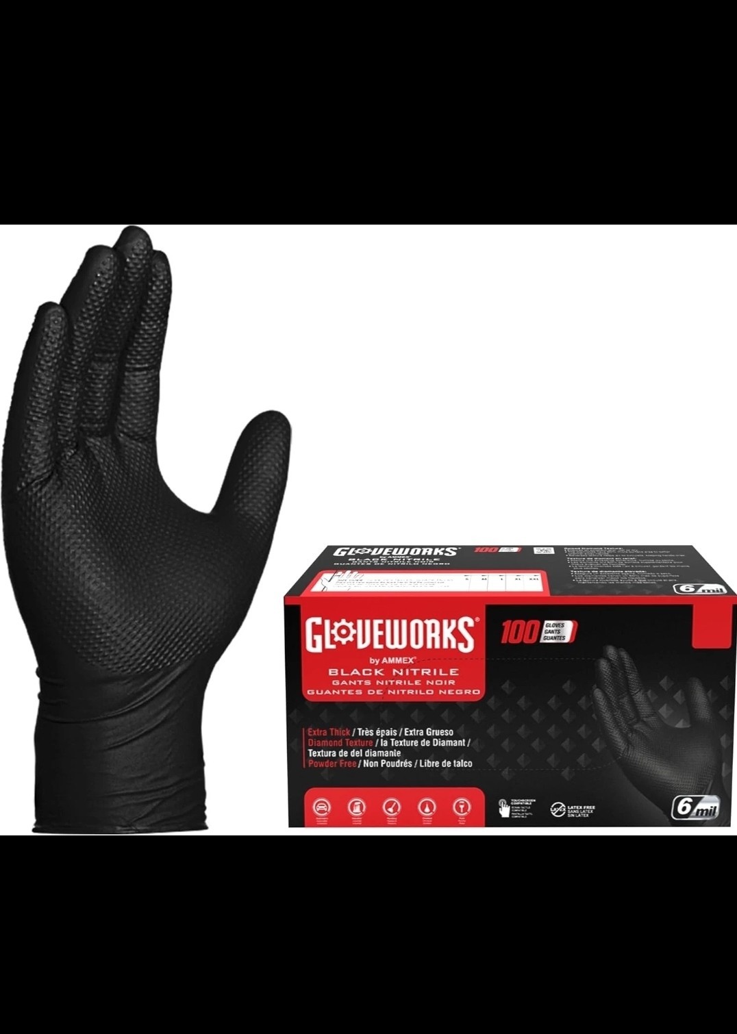 GLOVEWORKS Black Nitrile Gloves - 6 mil Disposable, Large (Pack of 100) Mechanic