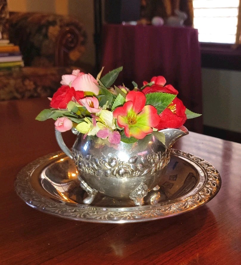 Silver Roses Footed Cream Pitcher with Handle