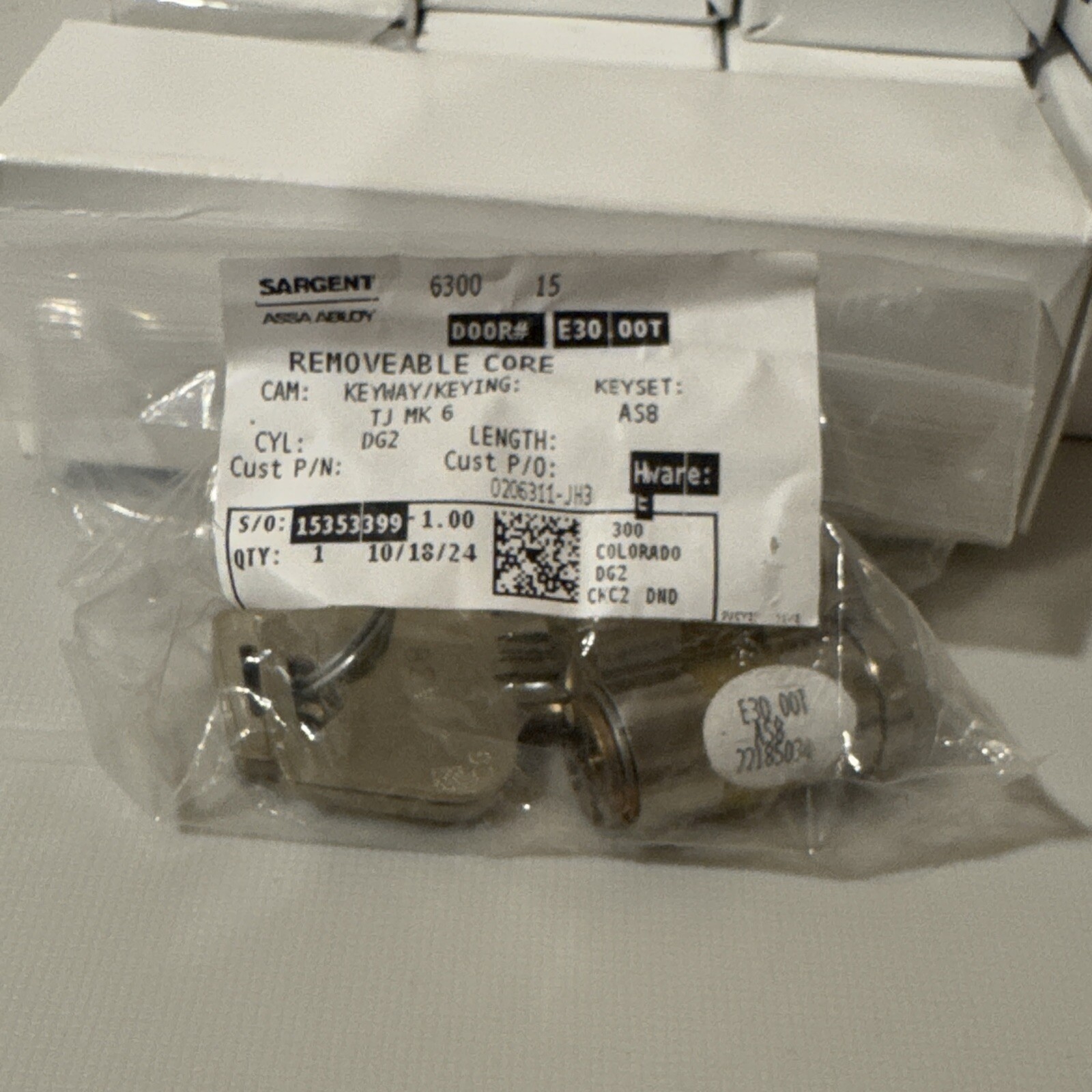 Sargent Assa Abloy Removable Core Large Format Cam Cylinder DG2630015 W/2keys B7