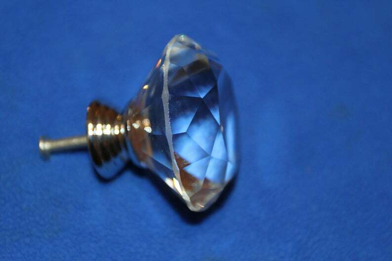 (2) knobs Large Crystal Look Glass Knob Pulls Diamond Cut Solid, 2" dia., HW-DL2