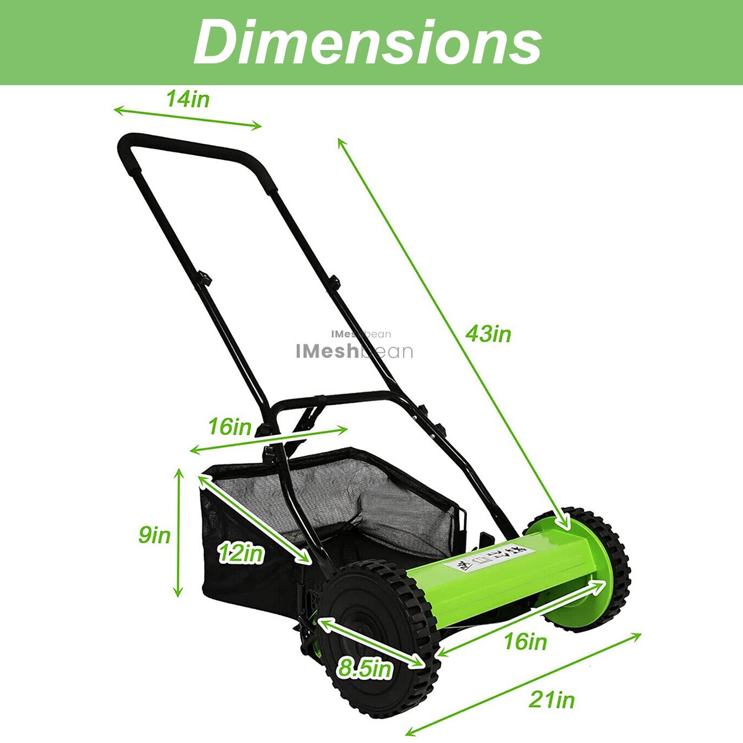16-Inch 5-Blade Manual Reel Lawn Mower w/Adjustable Cutting and Handle Height