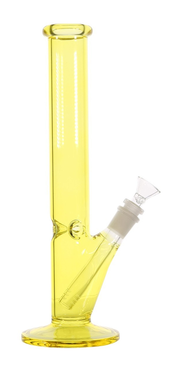 12” Neon Yellow Straight Tube Glass Water Pipe Hand Painted + 14mm Bowl Downstem