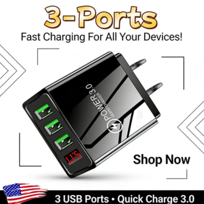 Fast Charging 3 Port USB Wall Charger Adapter for iPhone Samsung Android Mobile