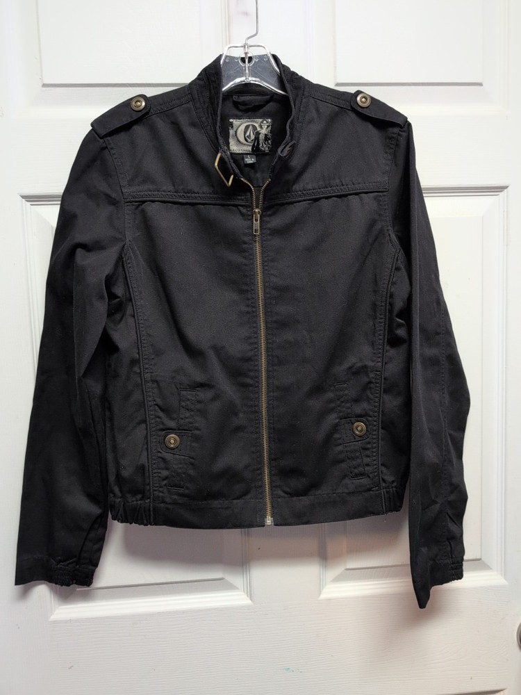 Volcom Black Lightweight Jacket Size L Full Zip Pockets Snaps Elastic Sides