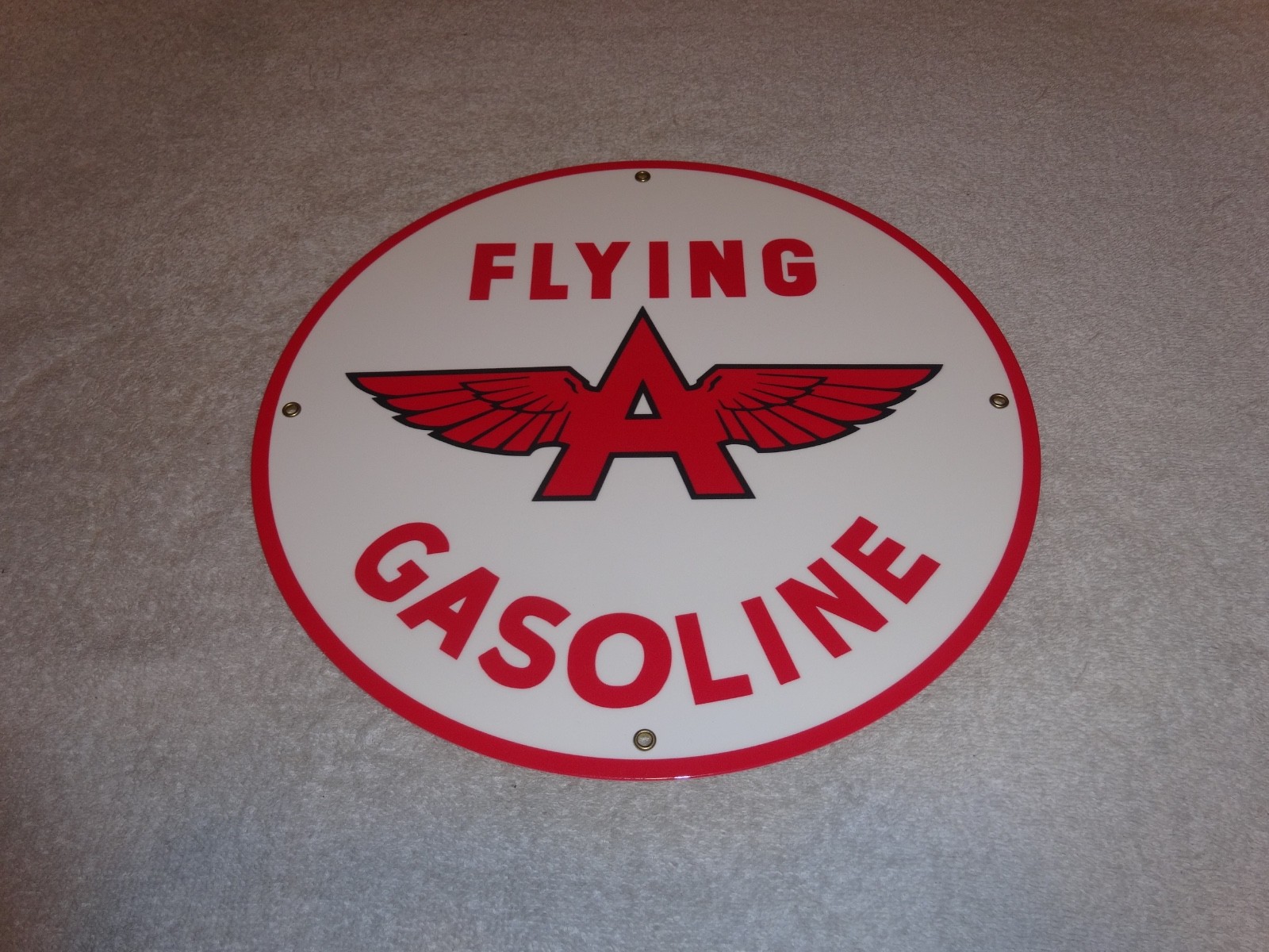 VINTAGE FLYING A GASOLINE WHITE 11 3/4" PORCELAIN METAL SERVICE STATION OIL SIGN