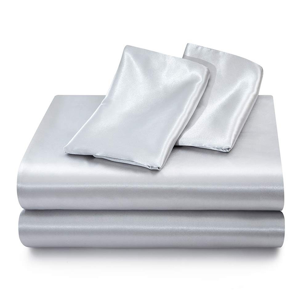 Satin Bed Sheets Full Size Sets, Silver Grey Silk Sheets, 4 - Pieces Soft Bed...