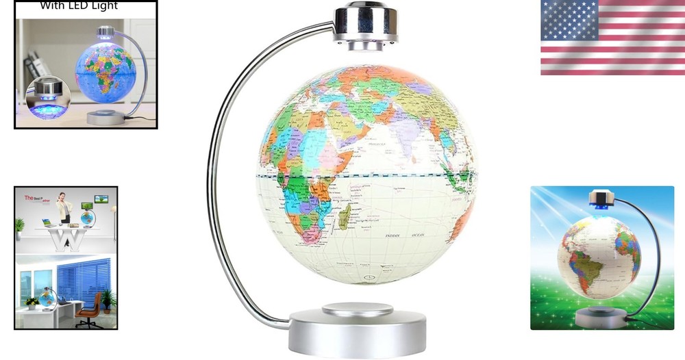 Floating 8" World Map Globe Magnetic Levitation LED Illuminated White