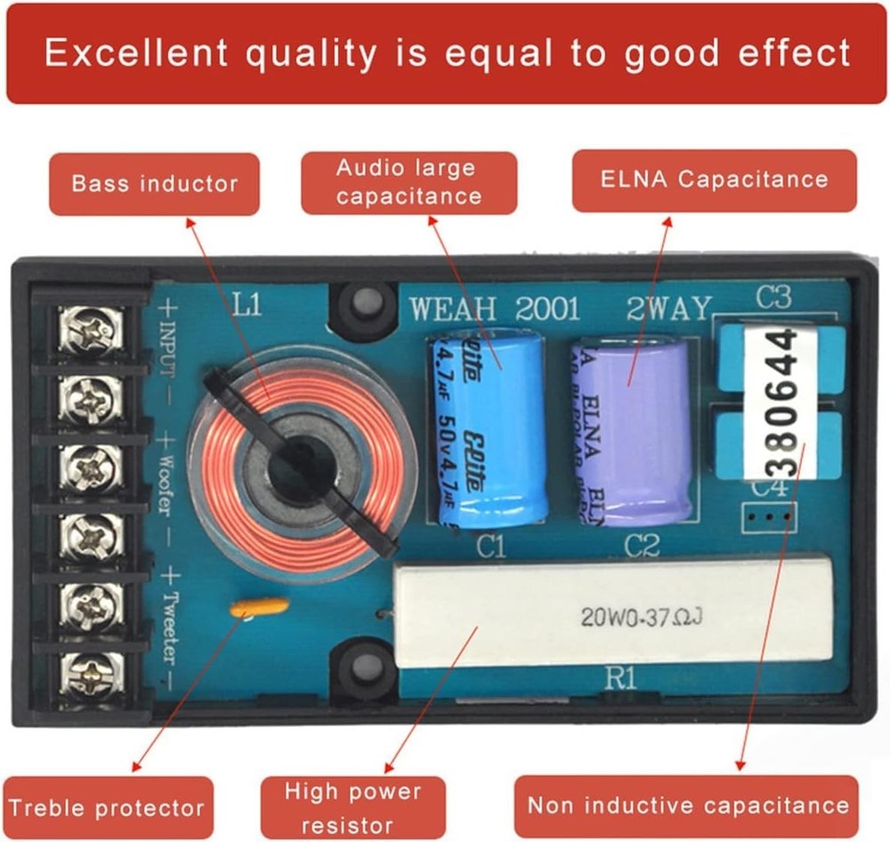 2 Way Crossover for Speaker, WEAH-2001 2pcs Speaker Frequency Divider 2 Way C...