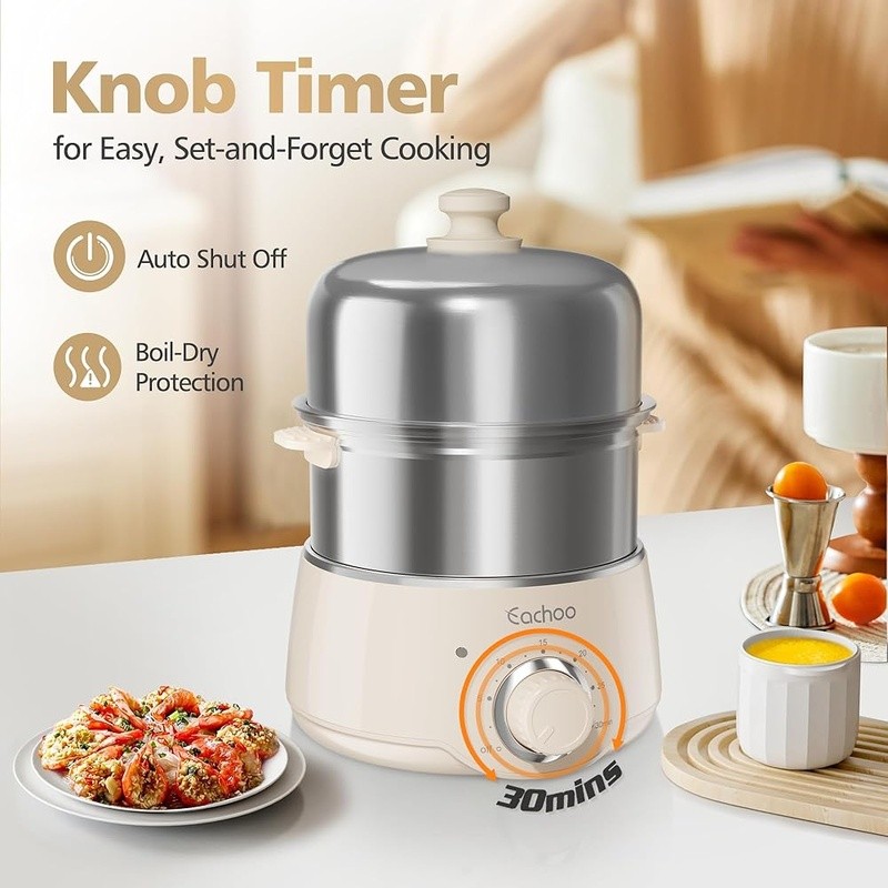 Dual Tier Egg Cooker Hard Boiled Steamer Timer Efficient Heating Dishwasher Safe