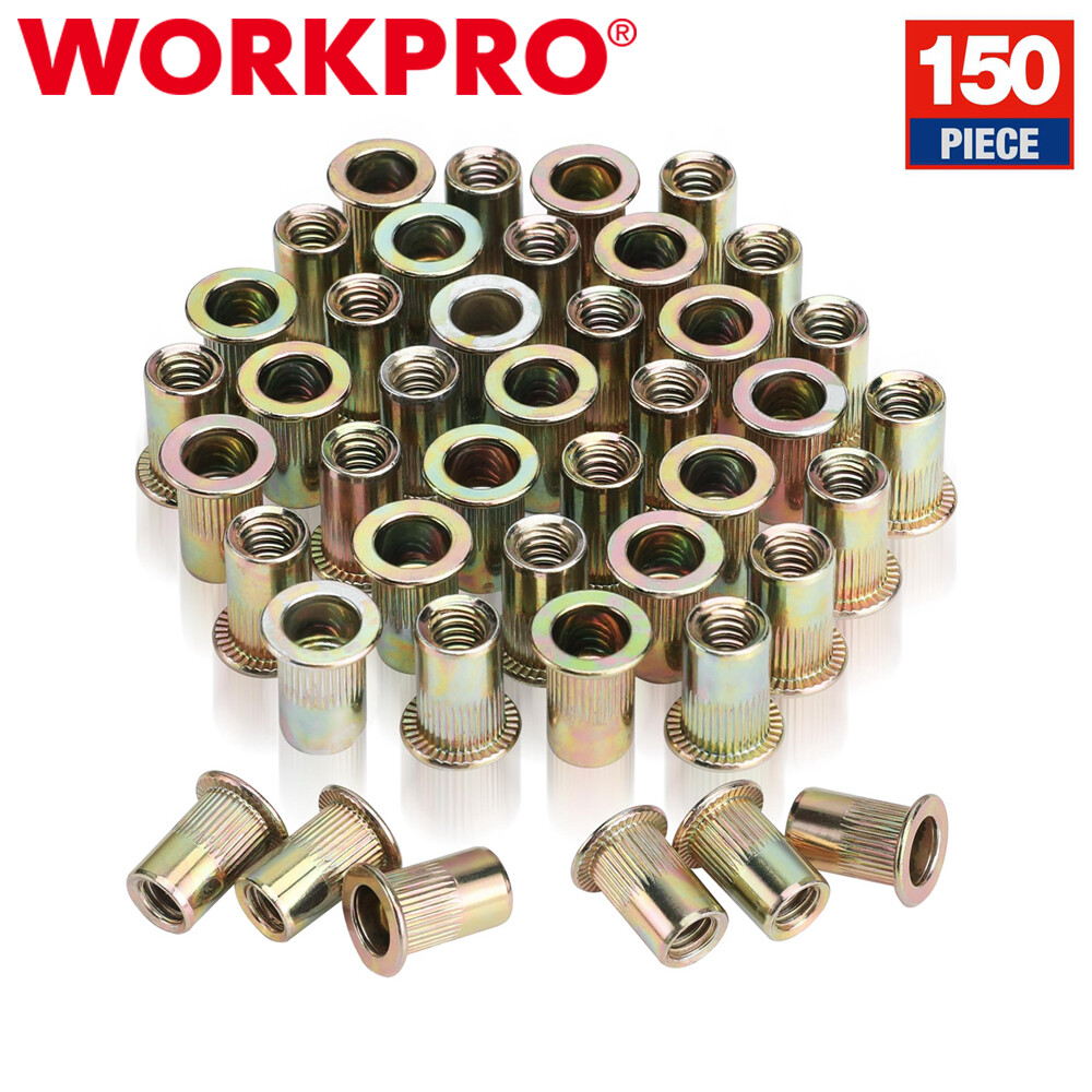 WORKPRO 150PC Rivet Nut 1/4"-20 Zinc Plated Rivnut Flat Head Threaded Insert Nut