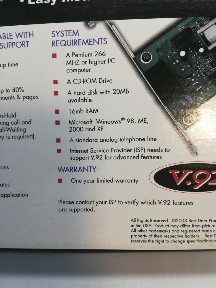 BEST DATA 56K WINDOWS INTERNAL PCI MODEM, V.92/V.44, w/CD