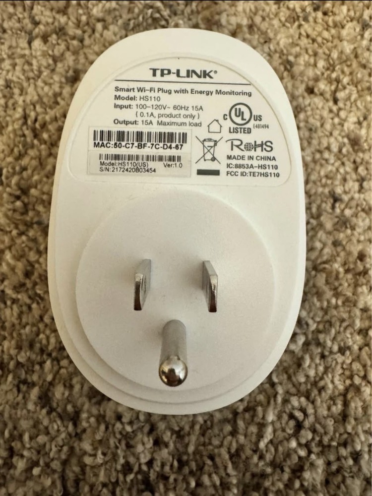 TP-LINK HS110 Smart Wi-Fi Plug Type B 15A White App-Controlled