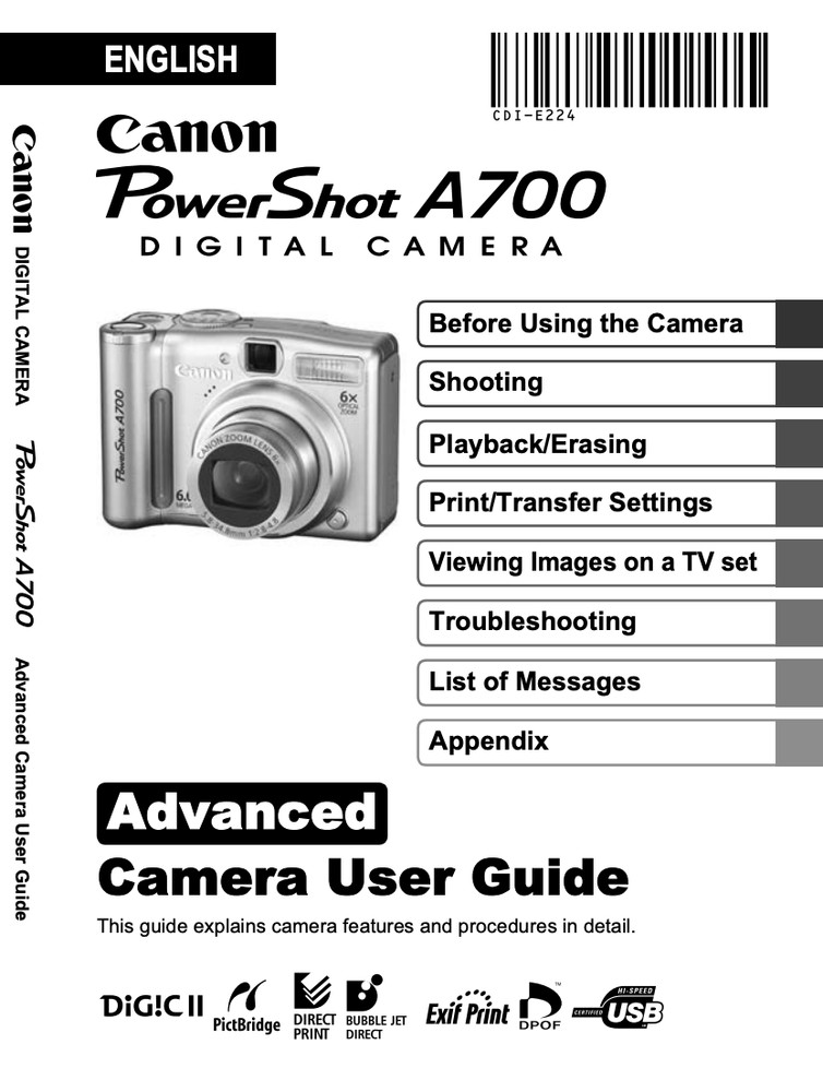 Canon POWERSHOT A700 Digital Camera User Owner Instruction Manual