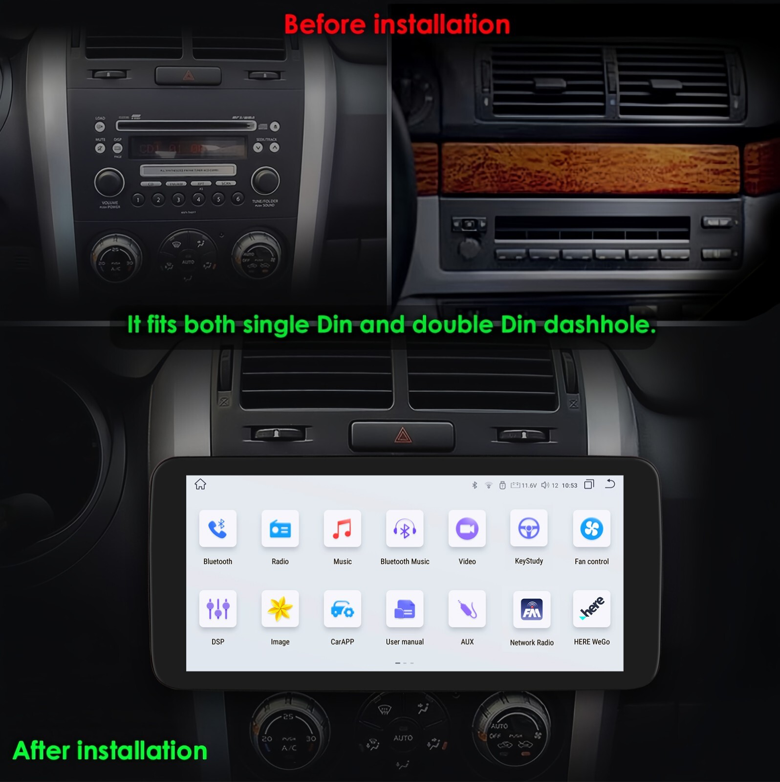 10.33” 6+64GB Android 8Core Single 1 DIN Apple Carplay Car Stereo Radio GPS DSP