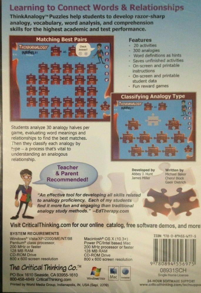 Thinkanalogy Puzzles, B1, CD-ROM, Grades 6-8 Windows/MAC, Critical Thinking Co.