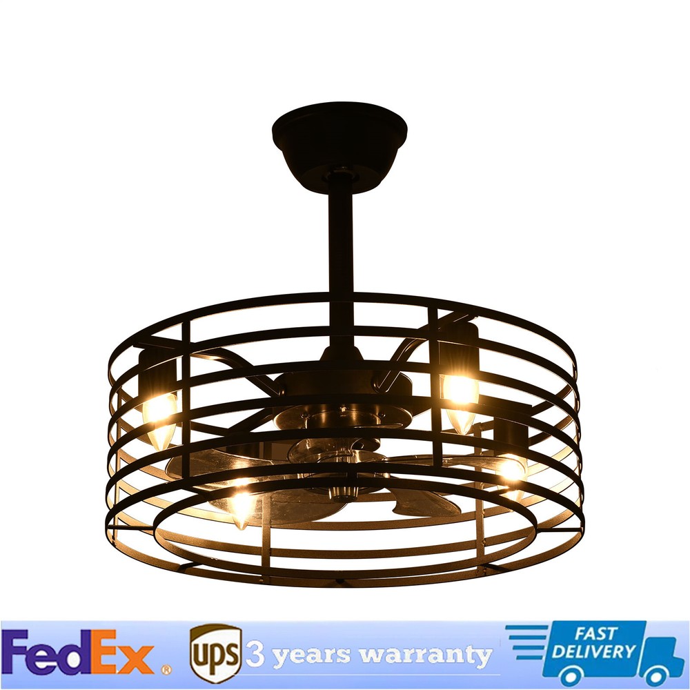 20" Rustic Caged Bladeless Ceiling Fan with Light Remote Control Flush Mount Fan