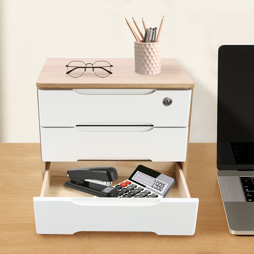 Desktop Storage Box 3 Tiers Desk Organizer, Desktop Box with Lockable Drawers