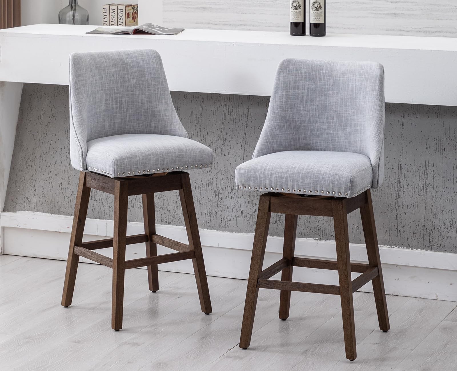 二十世纪中叶现代旋转吧凳,27 英寸,木腿,舒适亚麻织物