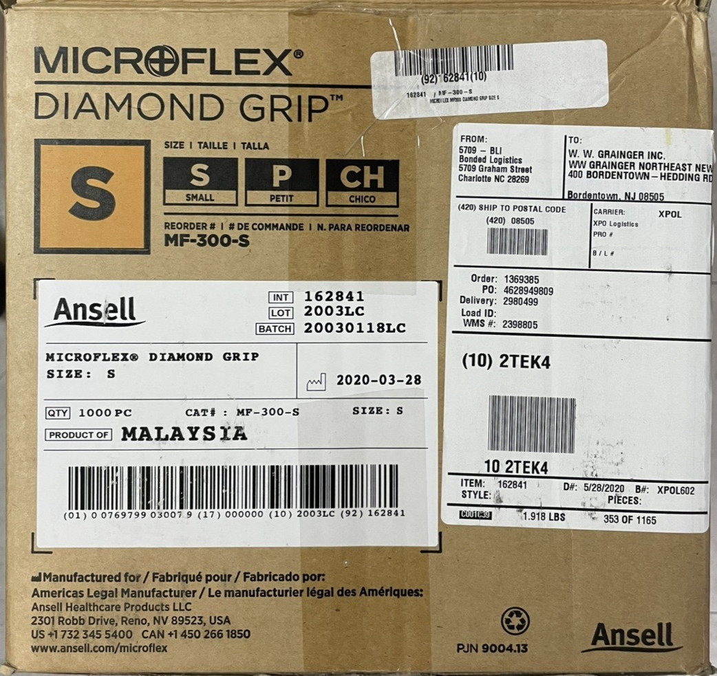 ANSELL Microflex Diamond Grip Latex Exam Gloves Small 1000/Case Medical MF-300-S