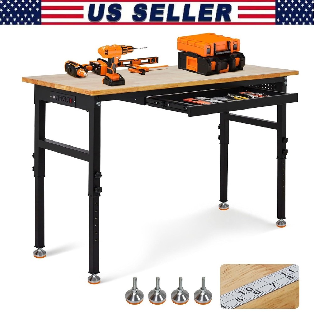 60" Heavy Duty Workbench 2000Lbs Adjustable Work Bench w/ Power Outlets & Drawer