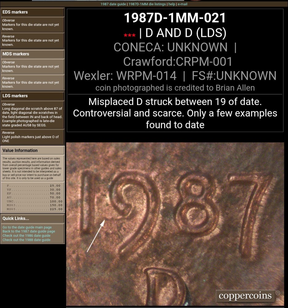 🔥🔥🔥 SCARCE BU EXAMPLE 1987-D LINCOLN CENT DDO, DDR W/ MISPLACED MM