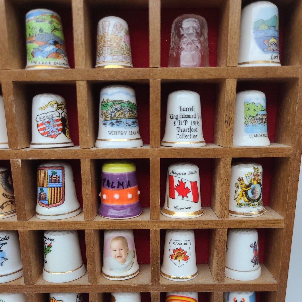 Vintage Thimble Display Case with 100 Mixed Various Thimbles Good Condition