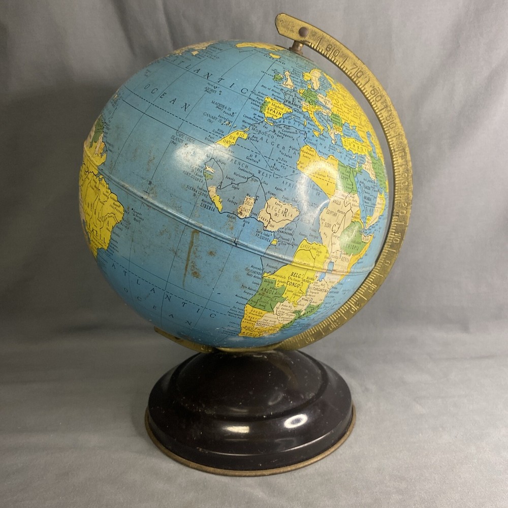 Vintage Metal Globe Map Brass Dial 11” Tall