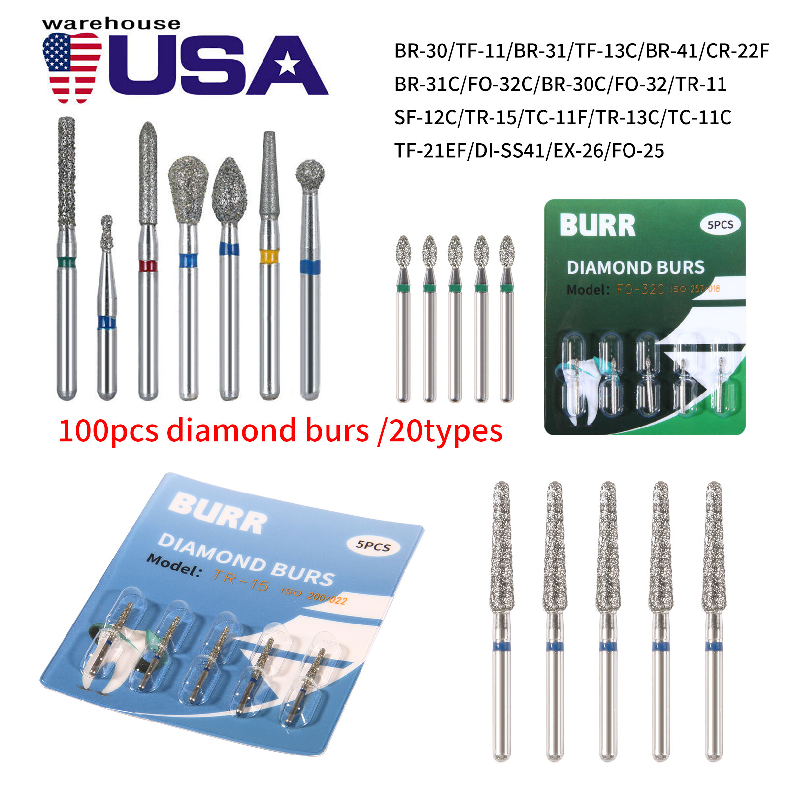 100 fresas diamante para turbina Diamond Burs dental High speed handpiece 1.6mm