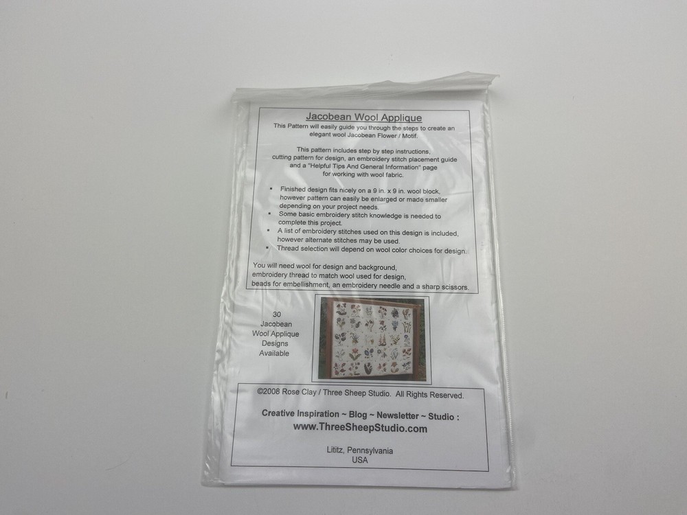 Three Sheep Studio Jacobean Wool Appliqué Pattern Flower