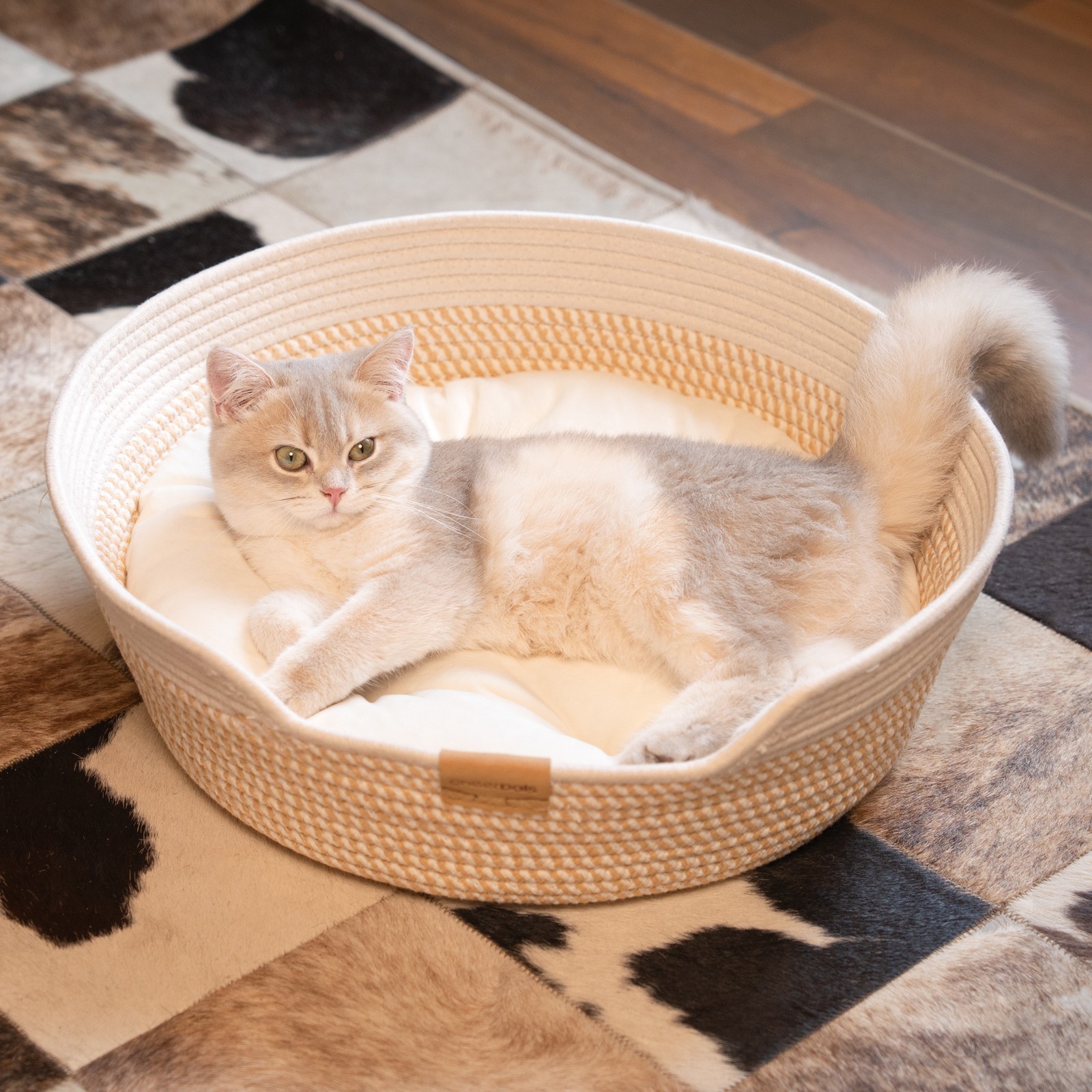Cat Bed Basket with Cushion, 19*19*6in 2-in-1 Cotton Pet Couch for Indoor Cats