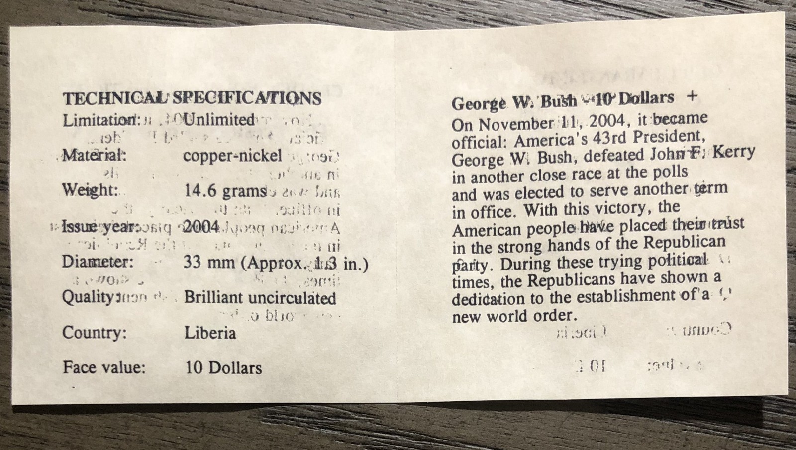 2004 Liberia 10 Dollars $10 UNC Coin President George W. Bush KM 830