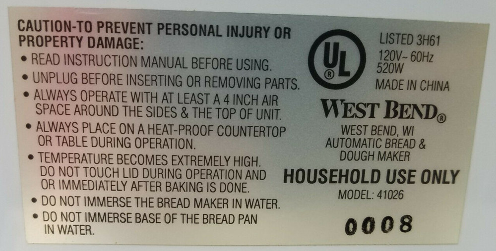 Heating Element + Mounts for West Bend Bread Maker Model 41026