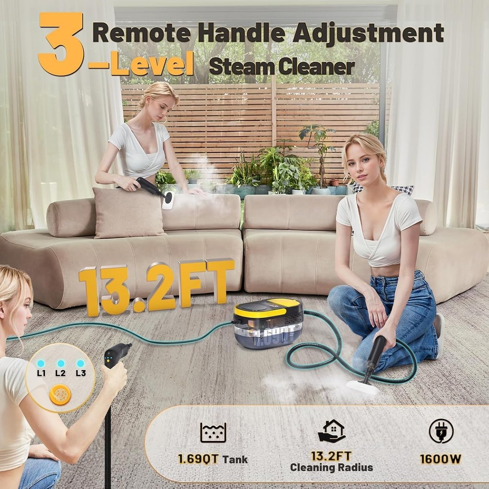 Portable Handheld Steam Cleaner with 15 Accessories - 3 Level Adjustable Handle