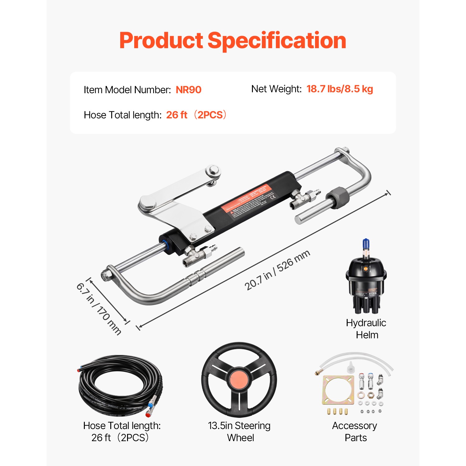 90HP Hydraulic Outboard Steering Kit 2x26ft Hoses Marine Boat Steering System