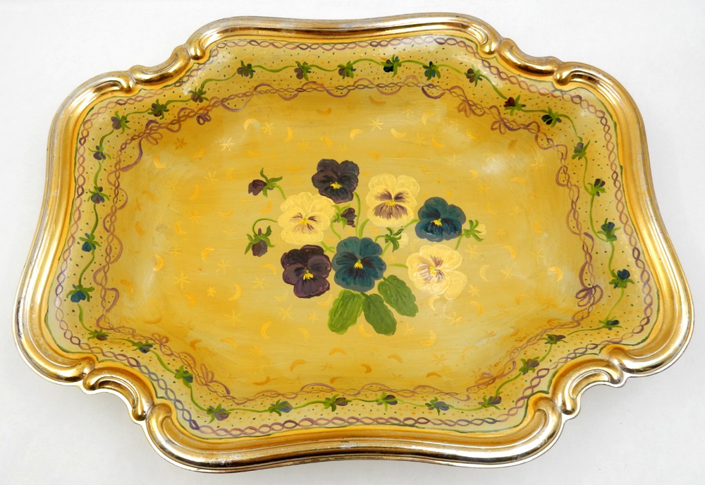 ANTIQUE SILVER PLATED BOWL "PANSY BLUES" HAND PAINTED & SIGNED BARBARA SELA