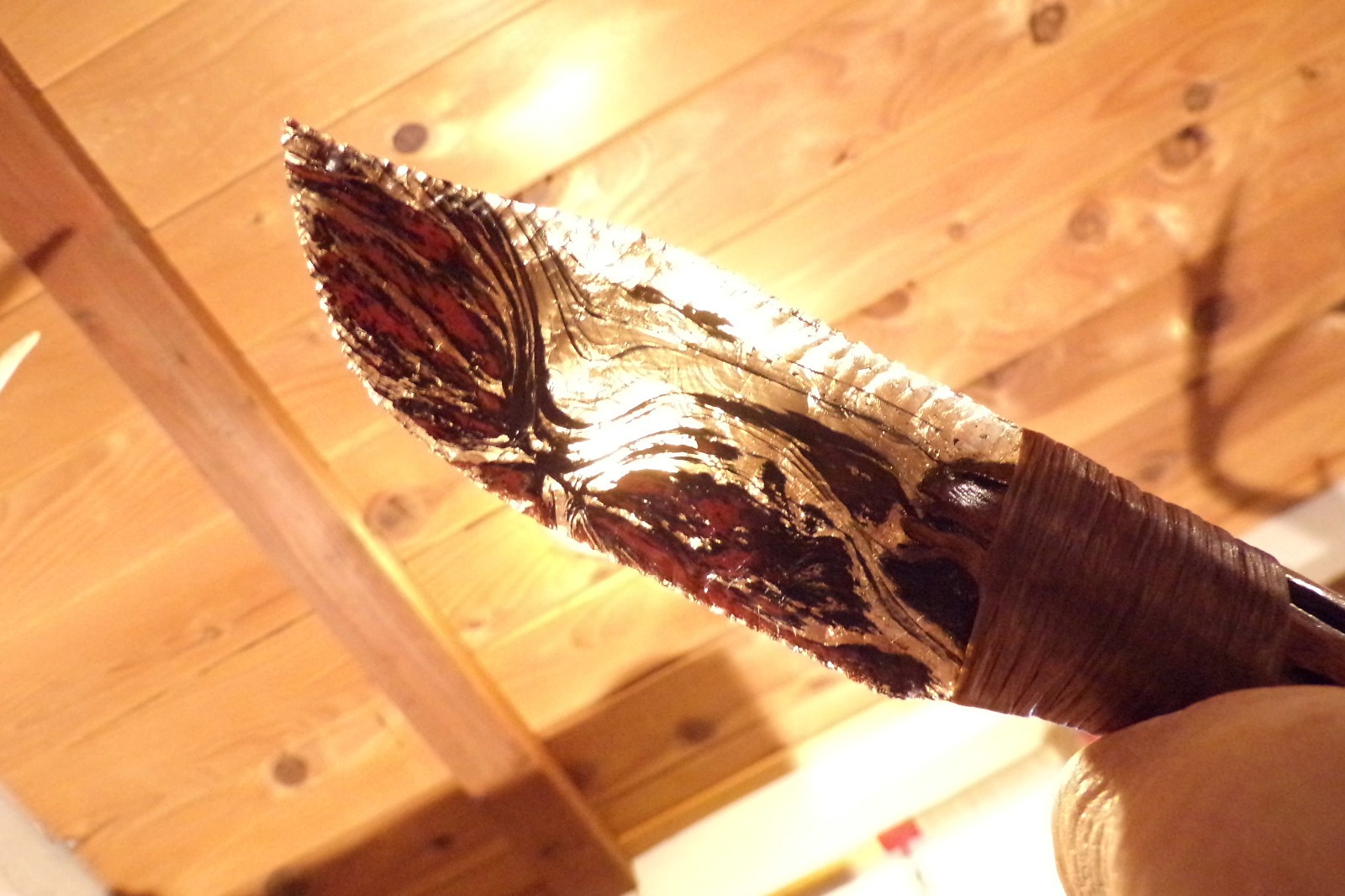 Triple Flow Obsidian Bowie Knife w Cholla Cactus Wood Handle Flint Knapping COA