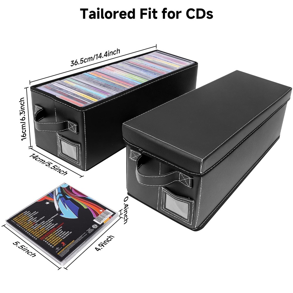 CD Storage Case with Lid & Handle – Faux Leather CD Holder Box – Stackable CD...