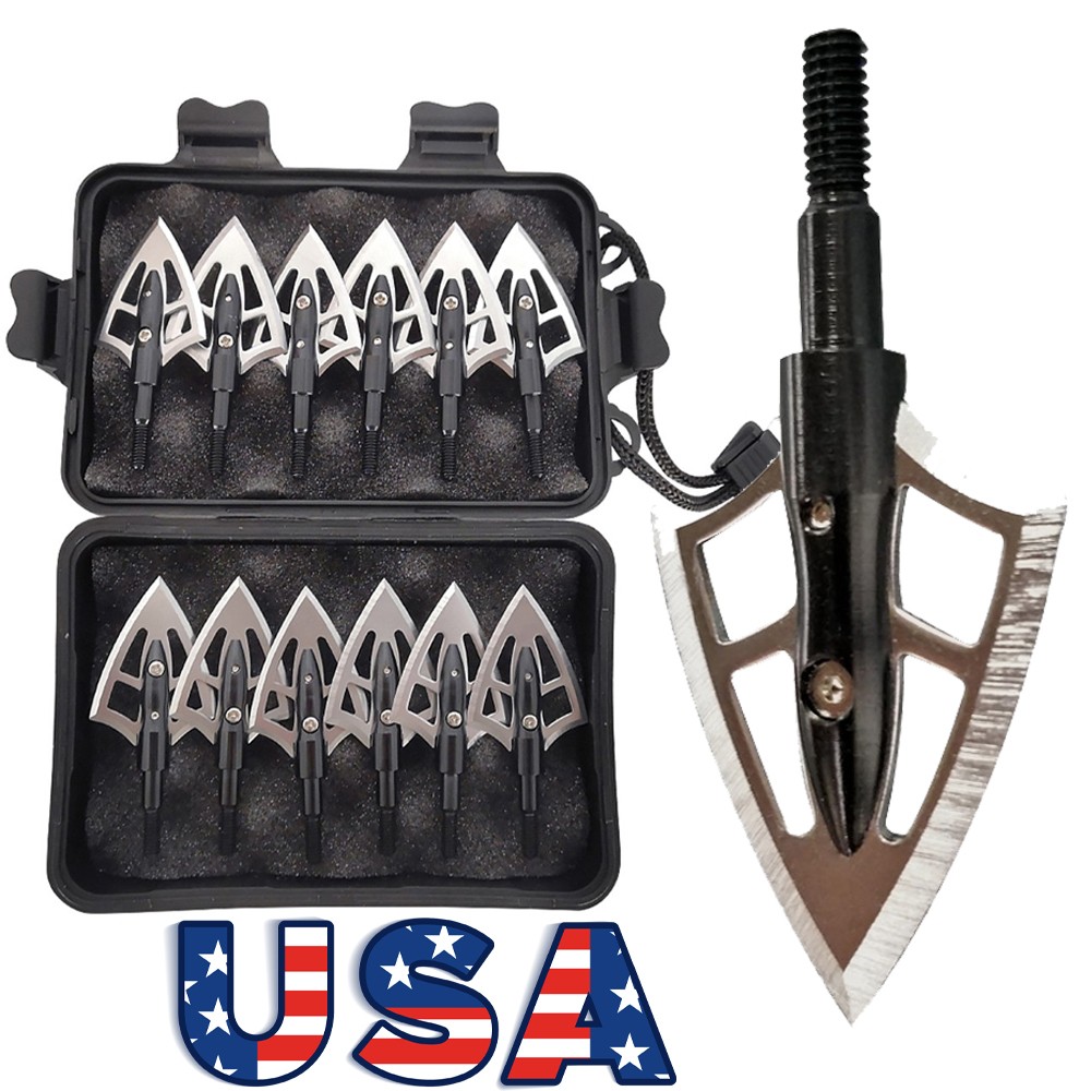 12X Archery 2 Blade Broadhead 100 Grain Arrowhead Box Screw-In Tip Point Hunting