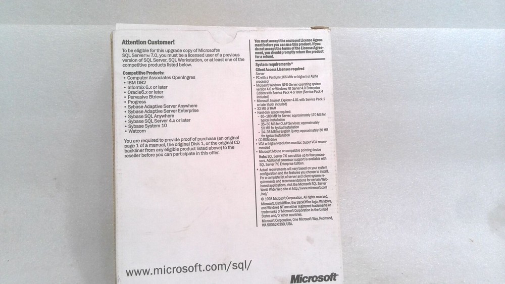 MICROSOFT X03-99941 SQL SERVER 7.0 UPGRADE - SQL SERVER INTRO, 2 CDs W/ KEY
