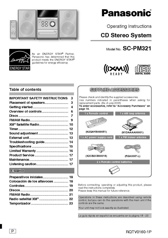 Panasonic SC-PM321 CD Stereo System Owners Instruction Manual