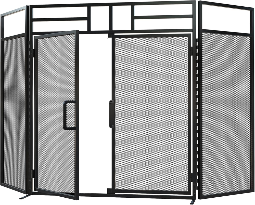 3-Panel Folding Fireplace Screen with Magnetic Hinged Doors, Solid Wrought Iron