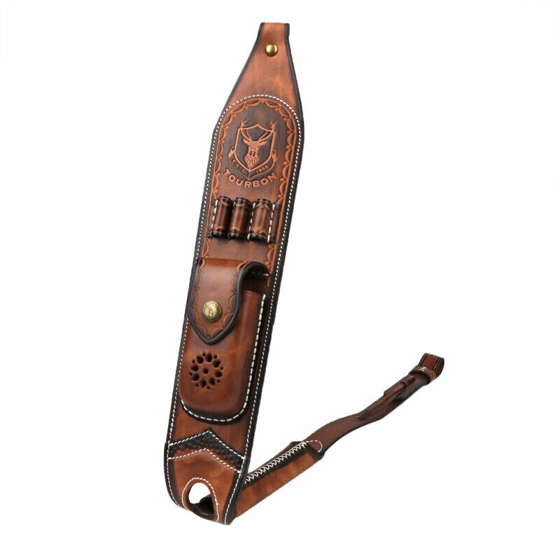 Tourbon Retro Leather Rifle Sling Gun Ammo Carrying Strap w/Knife Sheath Pocket