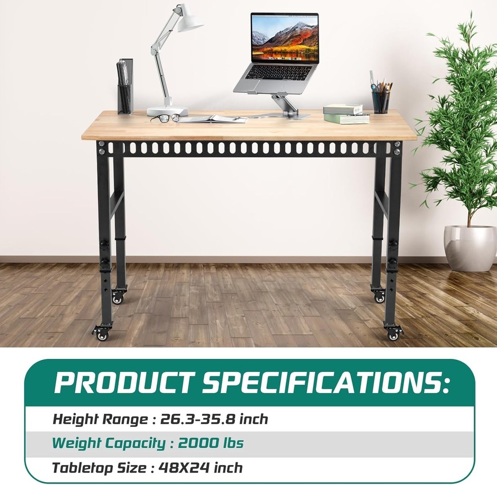 48" Adjustable Height Heavy-Duty Workbench - 2000 lbs Capacity & Lockable Wheels