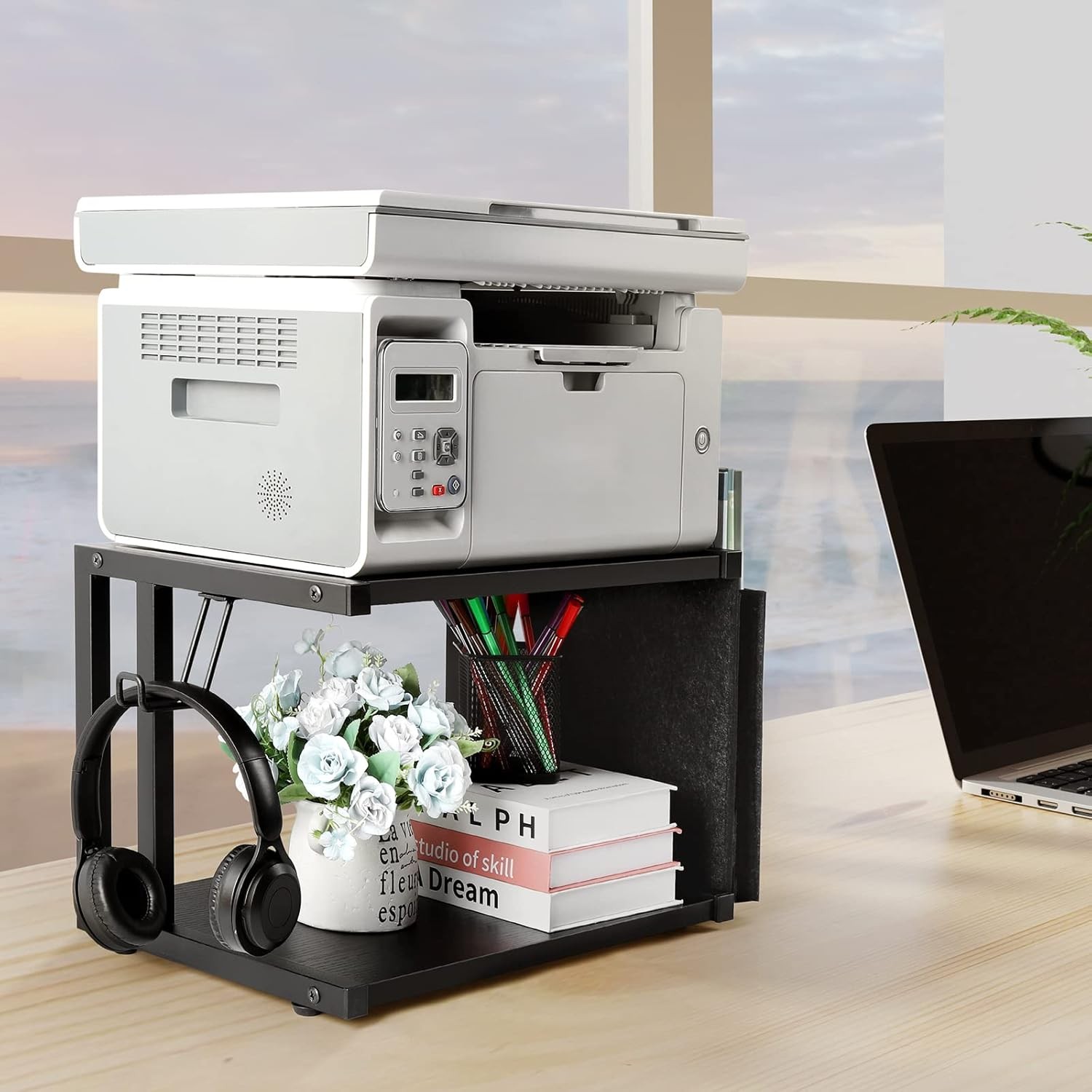 2 Tier Printer Cart w/Wheels Desktop Printer Stand for Office Home Scanner Black