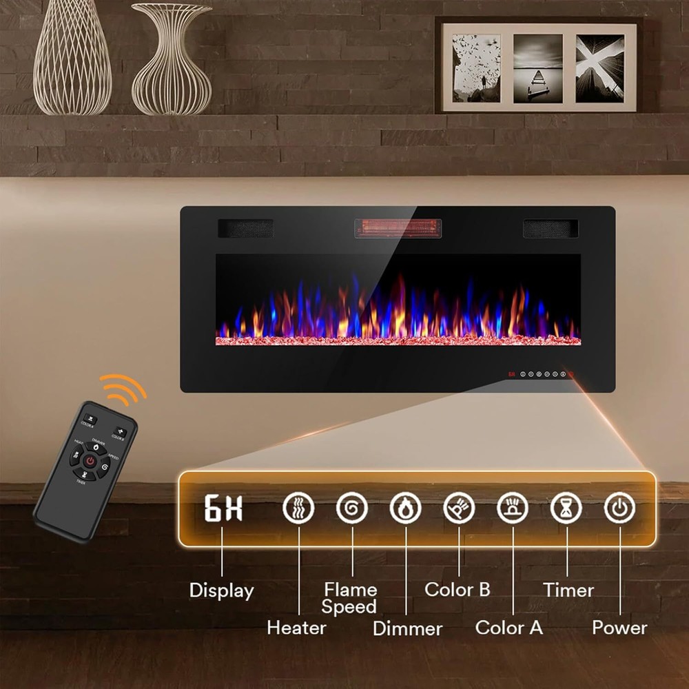 42Inch Electric Fireplace Inserts, in-Wall Recessed &Wall Mounted,Timer,Remote