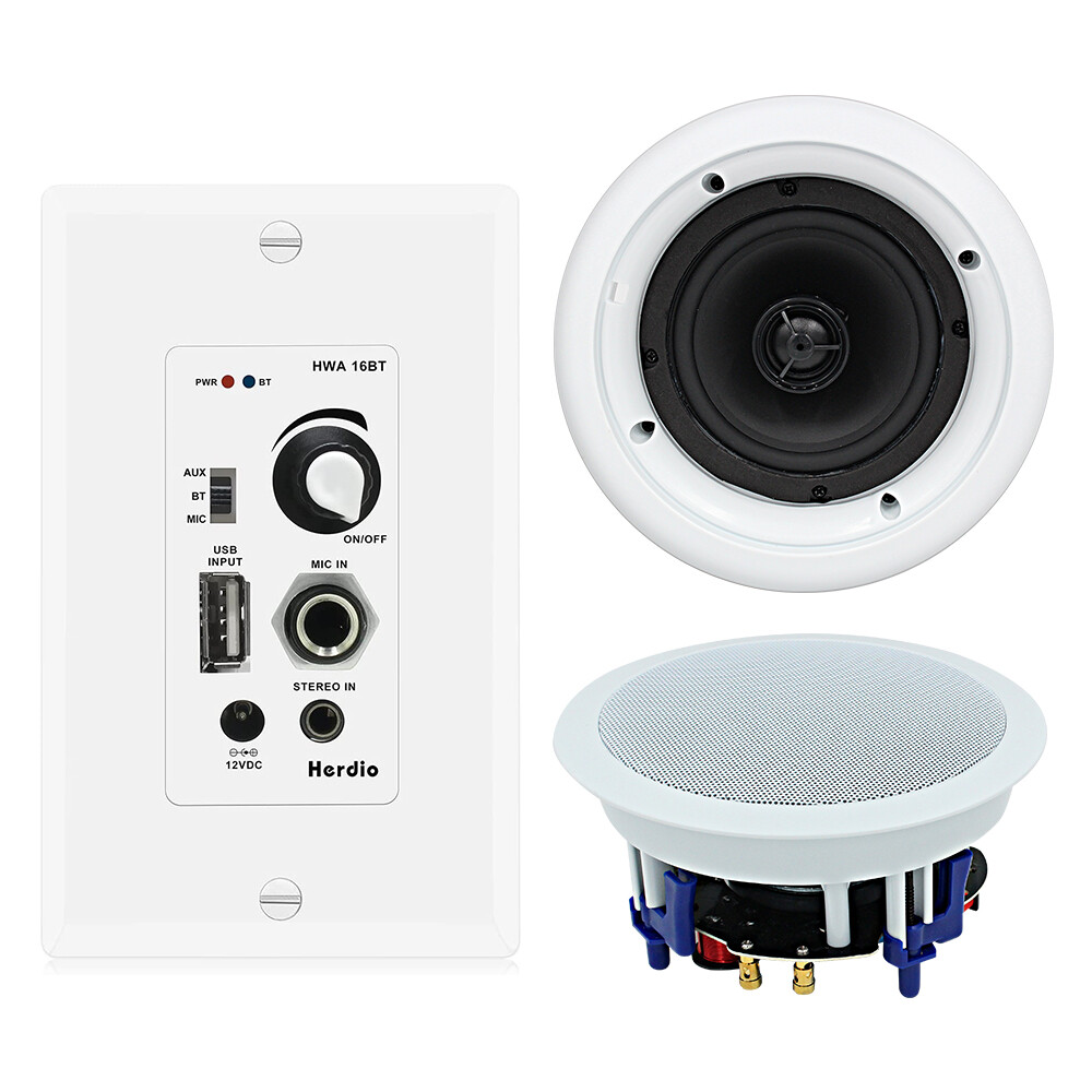 Herdio 300W Kitchen Ceiling Speakers Bluetooth Wall USB AUX Wall Mount Amplifier
